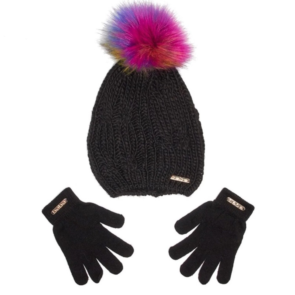 NWT BEBE Logo Black Pom Pom Hat & Gloves Set - Picture 4 of 4